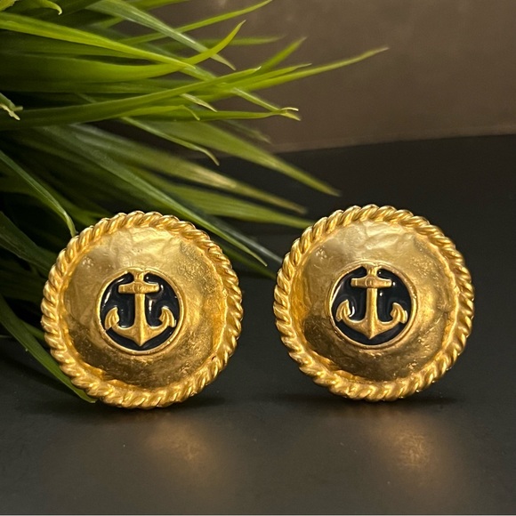 VTG Gold Plated Navy Blue Enamel Oversized Button Nautical Anchor Clip Earrings - Picture 1 of 5